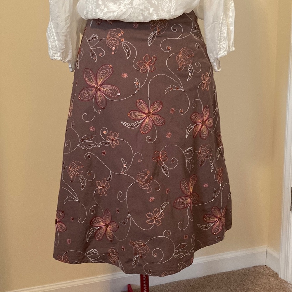 Taupe Brown with Pink, coral, cream floral embroidered Midi Skirt